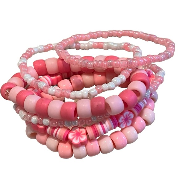 Pink beaded bracelet floral handmade women teens girls stretchy stackable - Picture 2 of 4